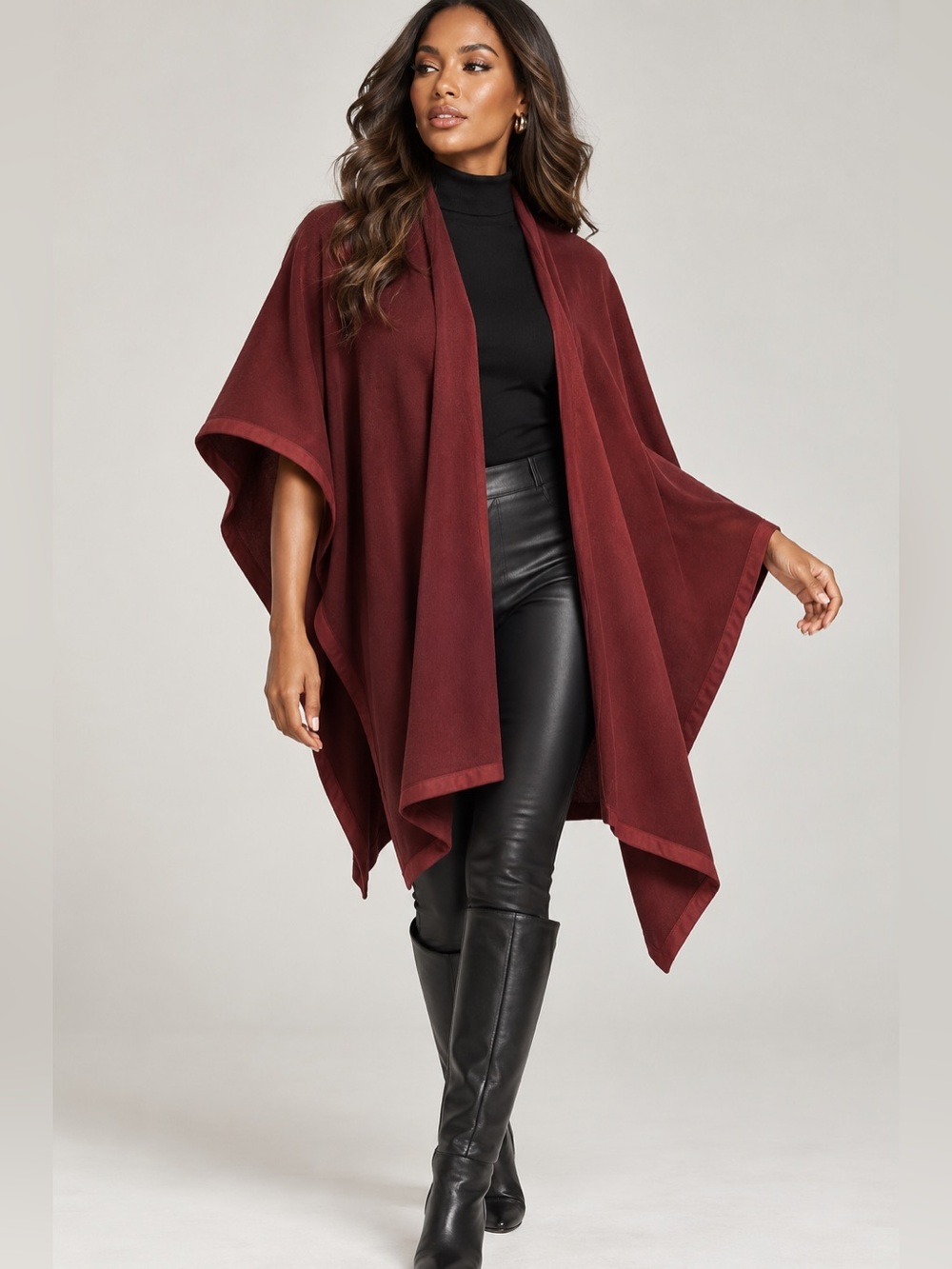 Chico’s Burgundy Cape Ruana Shawl Wrap Open Front Draped Rust Burt Orange S/M